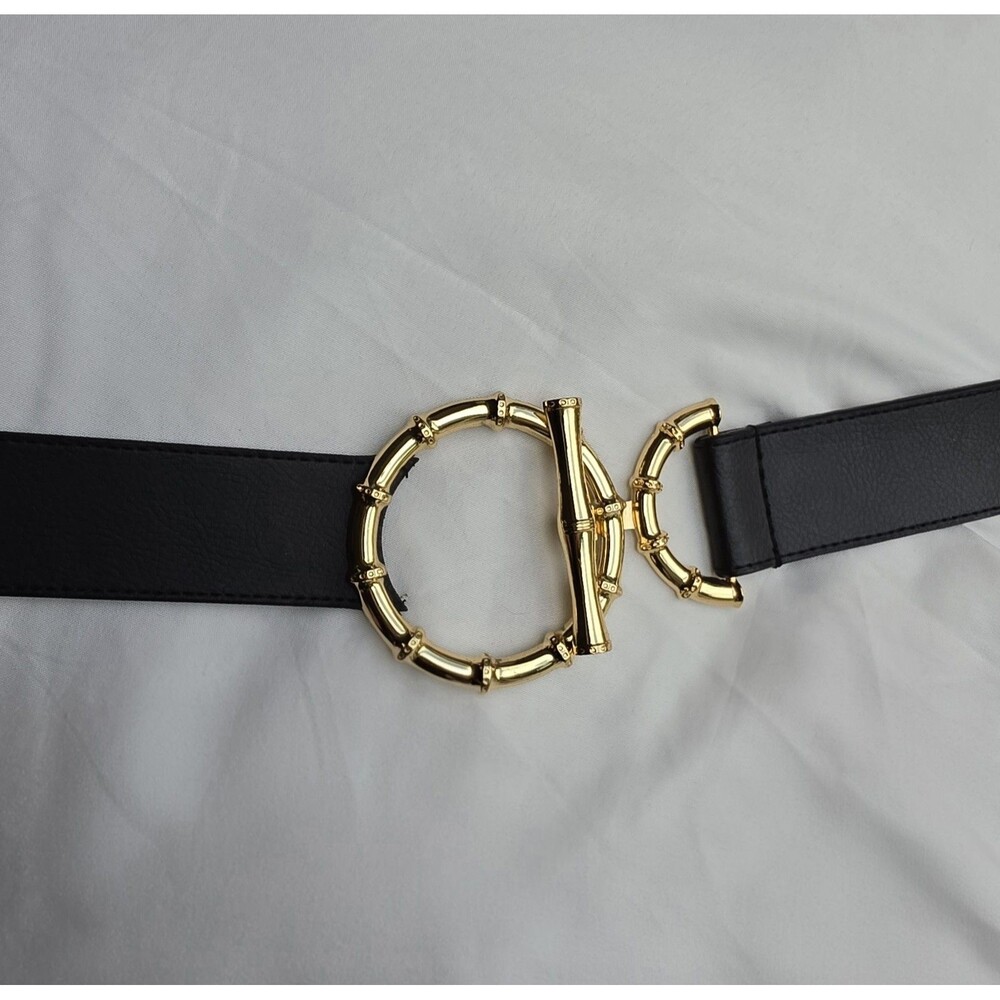 Black Genuine Leather Adjustable Slider Belt Gold Tone Bamboo Toggle Buckle 1.5"